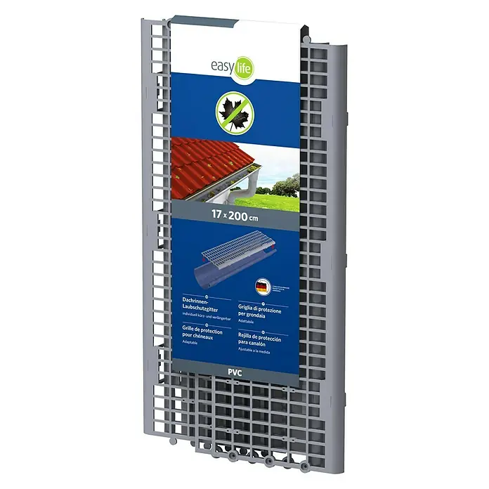 Easy Life Laubfanggitter - L x B: 200 x 17 cm, Grau - Abbildung eines grauen Easy Life Dachrinnen-Laubschutzgitters, das anpassbar ist und eine Größe von 17 x 200 cm hat.