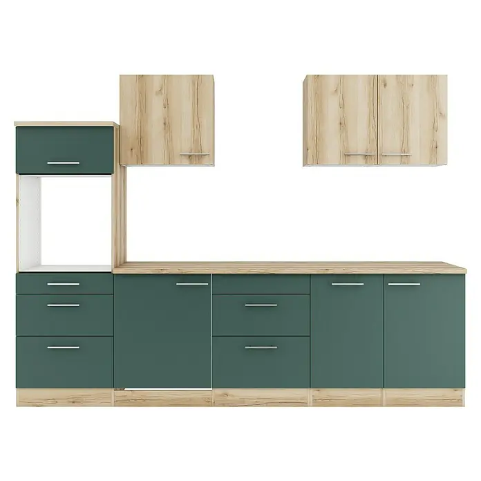 Optifit Livorno290 Küchenleerblock Typ 3 - Breite: 270 cm, Steingrün/Wildeiche Nachbildung, Ohne Elektrogeräte - Modulare Küche mit dunkelgrünen Schränken und hellen Holzmaserung-Rahmen/Arbeitsplatte.
