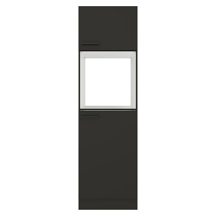 Optifit Madrid420 Geräteumbauschrank - 60 x 60 x 206,8 cm, Anthrazit Matt, Für Backofen und Kühlschrank - Dunkelgrauer Schrank mit zwei Schubladen und einem zentralen offenen weißen Regal.