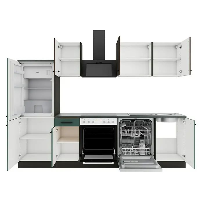 Optifit Verona405 Küchenzeile Typ 3 - Breite: 270 cm, Steingrün/Rillendekor Nussbaum, Mit Elektrogeräten - Modulare Küchenzeile mit geöffneten Türen, die Kühlschrank, Backofen, Geschirrspüler, Spüle und Schränke in Dunkelgrau, Weiß und Grün zeigt.
