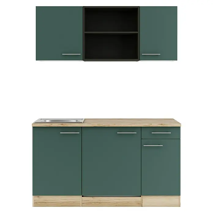 Optifit Savona405 Singleküche Typ 3 - Breite: 150 cm, Steingrün, Wechselseitig aufbaubar - Zweiteilige Küchenzeile mit dunkelpetrolfarbenen Türen, heller Holzplatte und Sockel, sowie einer Edelstahlspüle.
