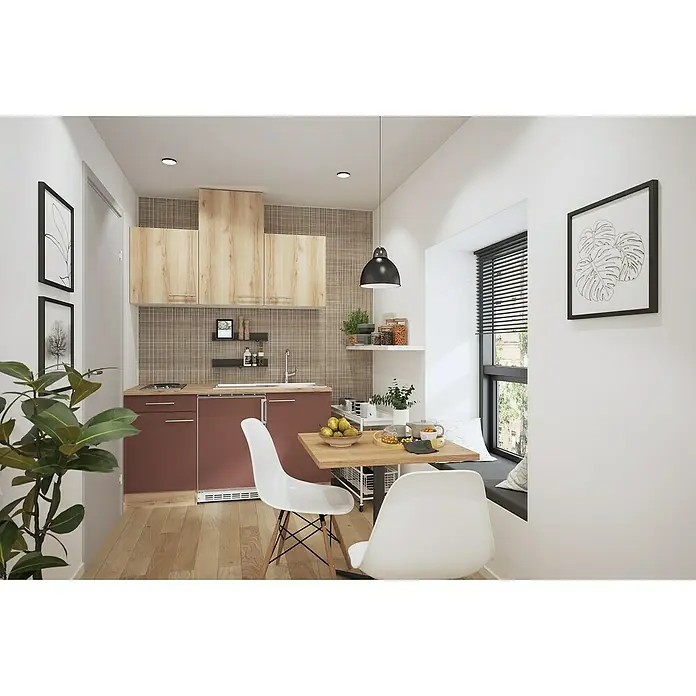 Optifit Livorno290 Singleküche Typ 2 - Breite: 150 cm, Wildeiche Nachbildung/Rostbraun, Wechselseitig aufbaubar - Kompakte Küche mit hellen Holz-Ober- und weinroten Unterschränken, integriertem Essbereich mit Fensterbank und weißen Stühlen.