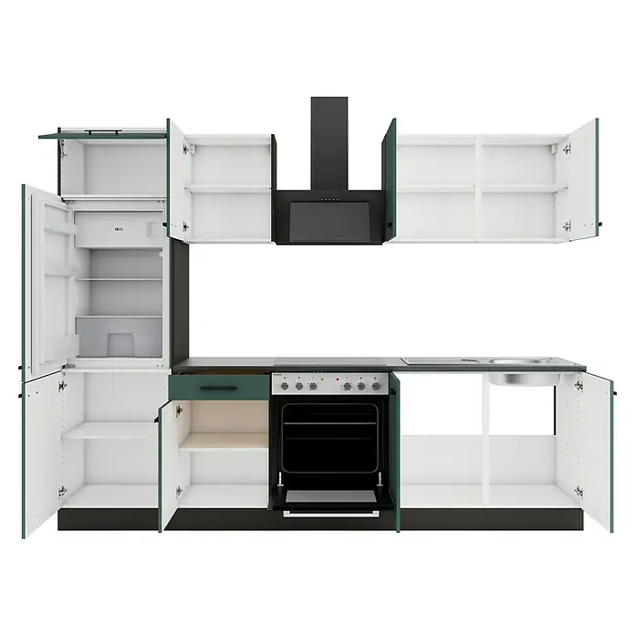 Optifit Verona405 Küchenleerblock Typ 4 - Breite: 270 cm, Steingrün, Ohne Elektrogeräte - Weiße und dunkelgrüne Küchenzeile mit schwarzen Geräten, inkl. Kühlschrank, Backofen, Kochfeld, Spüle und Dunstabzugshaube, alle Türen offen.