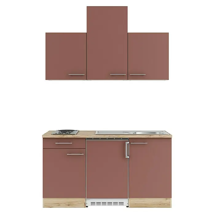 Optifit Bari407 Singleküche Typ 1 - Breite: 150 cm, Rostrot, Mit Elektrogeräten - Eine moderne braune Küchenzeile mit Arbeitsplatte in Holzoptik, Kochfeld, Spüle und Hängeschränken.