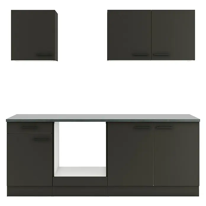 Optifit Madrid420 Küchenleerblock Typ 4 - Breite: 210 cm, Anthrazit, Ohne Elektrogeräte - Moderne dunkelgraue Küchenschränke mit heller Arbeitsplatte, Oberschränken und Unterschränken mit Geräteaussparung.