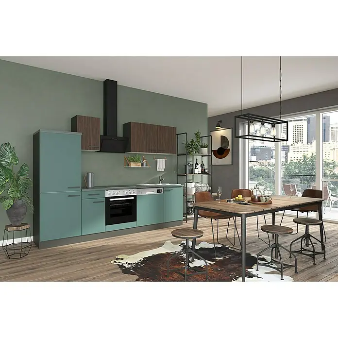 Optifit Verona405 Küchenzeile Typ 3 - Breite: 270 cm, Steingrün/Rillendekor Nussbaum, Mit Elektrogeräten - Moderne Küche mit petrolfarbenen Unterschränken, dunklen Holz-Wandschränken, einer schwarzen Dunstabzugshaube und Backofen, neben einem Esstisch aus Holz.