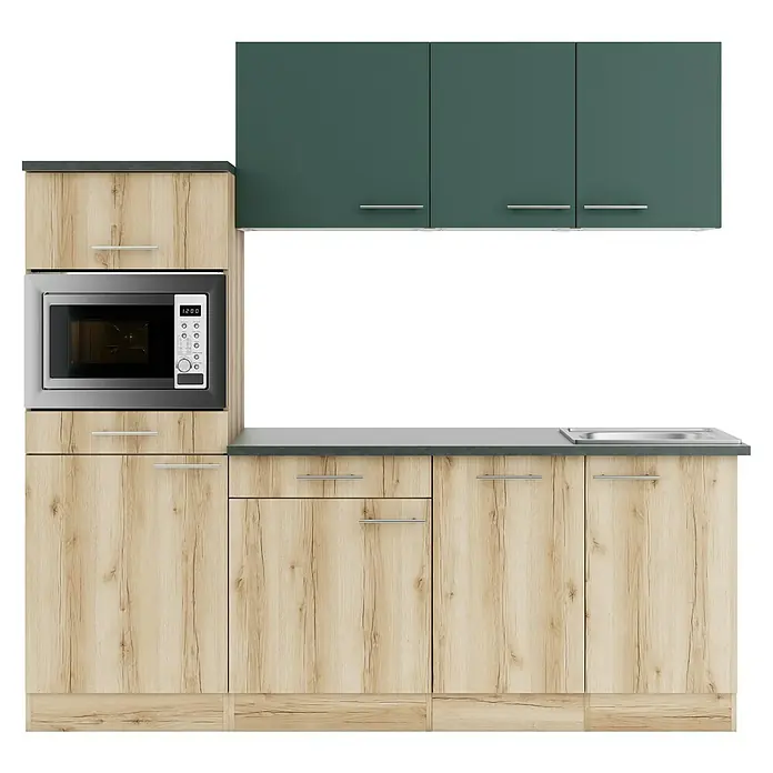 Optifit Savona405 Singleküche Typ 1 - Breite: 210 cm, Wildeiche Nachbildung/Steingrün, Mit Elektrogeräten - Moderne Küchenzeile mit hellen Holz-Unterschränken und dunkelgrünen Oberschränken, integrierter Mikrowelle und Spüle.