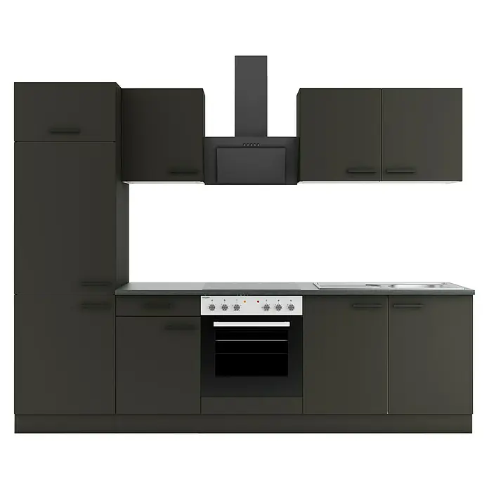 Optifit Madrid420 Küchenzeile Typ 2 - Breite: 270 cm, Anthrazit, Mit Elektrogeräten - Moderne dunkelgraue Küchenzeile mit integriertem Backofen, Kochfeld, Spüle und Dunstabzugshaube.