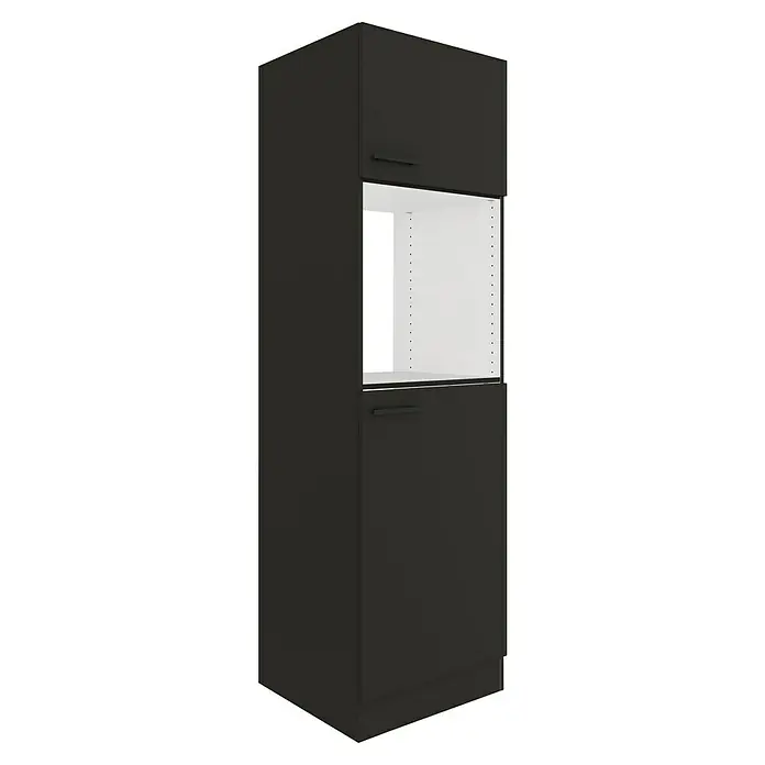 Optifit Madrid420 Geräteumbauschrank - 60 x 60 x 206,8 cm, Anthrazit Matt, Für Backofen und Kühlschrank - Schwarzer Hochschrank mit Griffen und offenem Fach für einen Einbauofen.