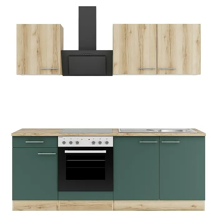 Optifit Livorno290 Singleküche Typ 2 - Breite: 210 cm, Steingrün/Wildeiche Nachbildung, Mit Elektrogeräten - Moderne Einbauküche mit hellen Holzoberschränken, dunkler Dunstabzugshaube und dunkelgrünen Unterschränken mit integriertem Backofen, Kochfeld und Spüle.