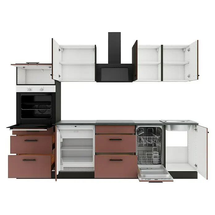 Optifit Nizza407 Küchenleerblock Typ 1 - Breite: 270 cm, Rostrot/Rillendekor Nussbaum, Ohne Elektrogeräte - Moderne Küchenzeile mit offenen Schränken und Einbaugeräten: Backofen, Kühlschrank, Geschirrspüler, Spüle, Dunstabzugshaube in Braun, Weiß, Schwarz.
