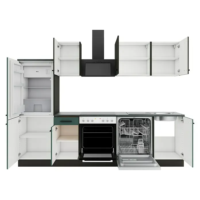 Optifit Madrid420 Küchenleerblock Typ 2 - Breite: 270 cm, Steingrün/Anthrazit, Ohne Elektrogeräte - Eine Modulküche mit offenen Schränken, Kühlschrank, Backofen, Geschirrspüler, Spüle und Dunstabzugshaube. In Grau, Weiß und Grün.