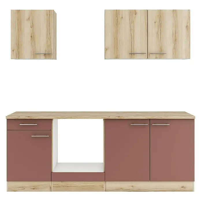 Optifit Livorno290 Küchenleerblock Typ 2 - Breite: 210 cm, Wildeiche Nachbildung/Rostbraun, Ohne Elektrogeräte - Küchenschränke in heller Holzoptik und dunkelrosa/braunen Fronten.