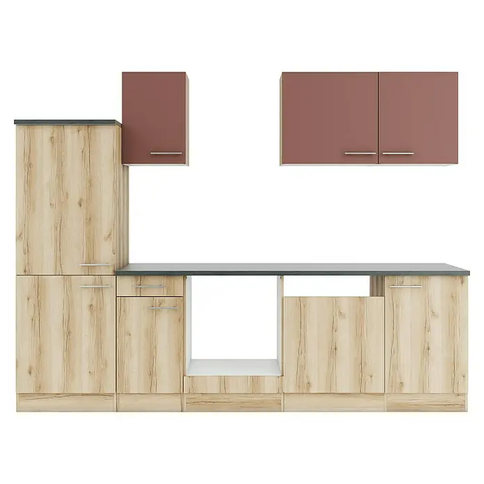 Optifit Bari407 Küchenleerblock Typ 4 - Breite: 270 cm, Rostbraun/Wildeiche Nachbildung, Ohne Elektrogeräte - Moderne Küchenschränke mit Unterschränken in heller Holzoptik, dunkelbraunen Oberschränken und grauer Arbeitsplatte mit Silbergriffen.