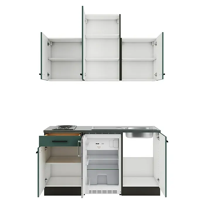 Optifit Verona405 Singleküche Typ 2 - Breite: 150 cm, Steingrün, Wechselseitig aufbaubar - Modulküchenzeile mit dunkelgrünen/weißen Schränken, offenen Türen, integriertem Kochfeld, Spüle und Kühlschrank.