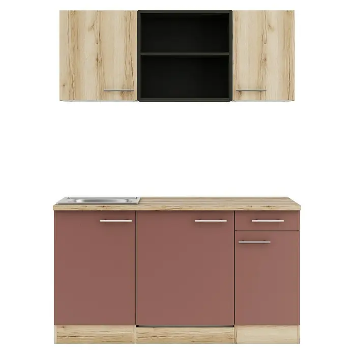 Optifit Livorno290 Singleküche Typ 1 - Breite: 150 cm, Wildeiche Nachbildung/Rostbraun, Wechselseitig aufbaubar - Zweiteilige Küchenzeile mit hellen Holz- und braunen Fronten, dunklem offenen Fach, Metallspüle und Arbeitsplatte in Holzoptik.