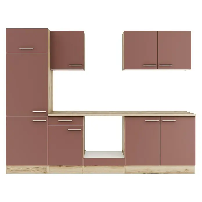 Optifit Bari407 Küchenleerblock Typ 1 - Breite: 270 cm, Rostrot, Ohne Elektrogeräte - Moderne Küchenzeile in Braun-Taupe mit hellen Holzdetails und Arbeitsplatten.