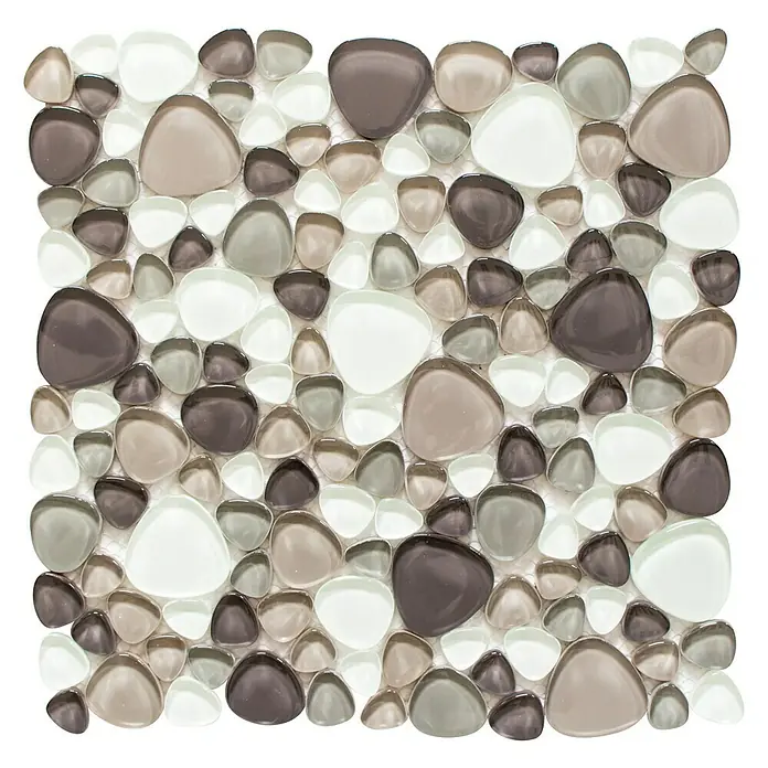 Mosaikfliese Kiesel Crystal Mix XCM PG66 - 29,9 x 29,9 cm, Braun/Beige/Weiß, Glänzend - Mosaikfliesen mit polierten, abgerundeten Glassteinen in Braun- und Beigetönen, ideal für stilvolle Akzente im Bad oder Küche.