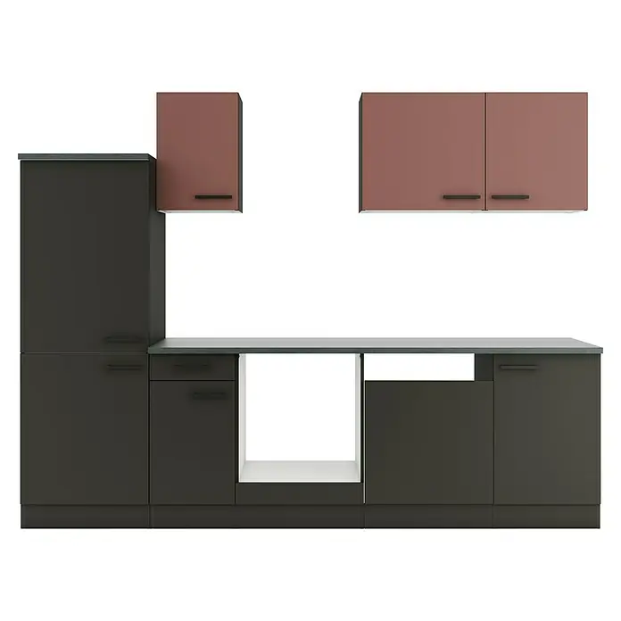 Optifit Nizza407 Küchenleerblock Typ 1 - Breite: 270 cm, Anthrazit/Rostrot, Ohne Elektrogeräte - Moderne Küchenzeile in Dunkelgrau und Braun mit heller Arbeitsplatte und offenem Gerätefach.