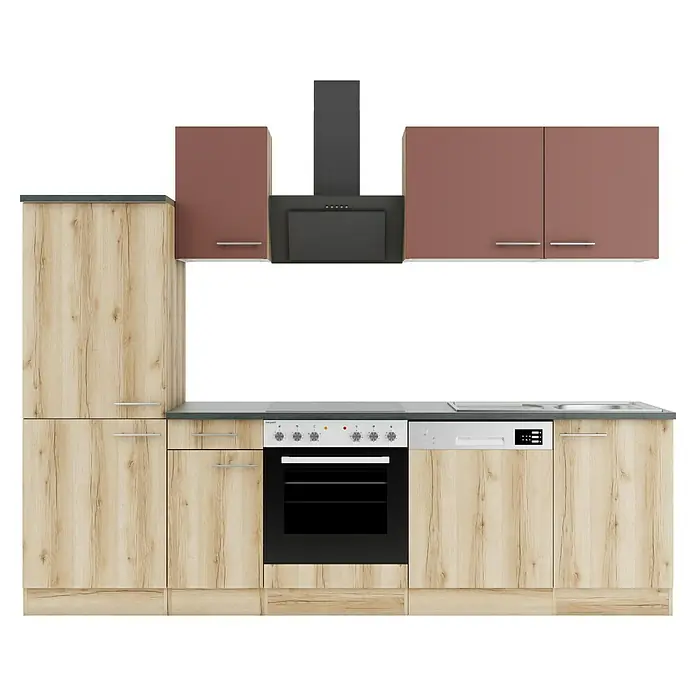 Optifit Bari407 Küchenleerblock Typ 4 - Breite: 270 cm, Rostbraun/Wildeiche Nachbildung, Ohne Elektrogeräte - Moderne Küche: helle Holzoptik-Unter-/Hochschränke, braune Oberschränke, dunkle Arbeitsplatte. Mit Backofen, Kochfeld, Geschirrspüler, Spüle, Dunstabzugshaube.