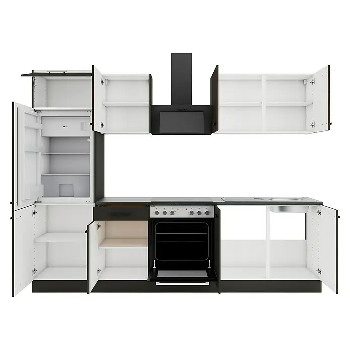 Optifit Madrid420 Küchenzeile Typ 1 - Breite: 270 cm, Anthrazit/Rillendekor Nussbaum, Mit Elektrogeräten - Komplette dunkelgraue und weiße Küchenzeile mit geöffnetem Kühlschrank, Backofen, Spüle, Herd, Dunstabzugshaube und Schränken, die ihr Inneres zeigen.