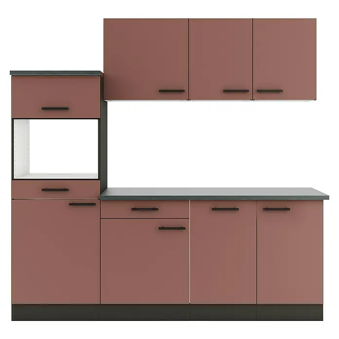 Optifit Nizza407 Küchenleerblock Typ 2 - Breite: 210 cm, Rostrot, Ohne Elektrogeräte - Braune modulare Küchenschränke mit dunkelgrauen Arbeitsplatten und schwarzen Griffen, inklusive offenem Regal.