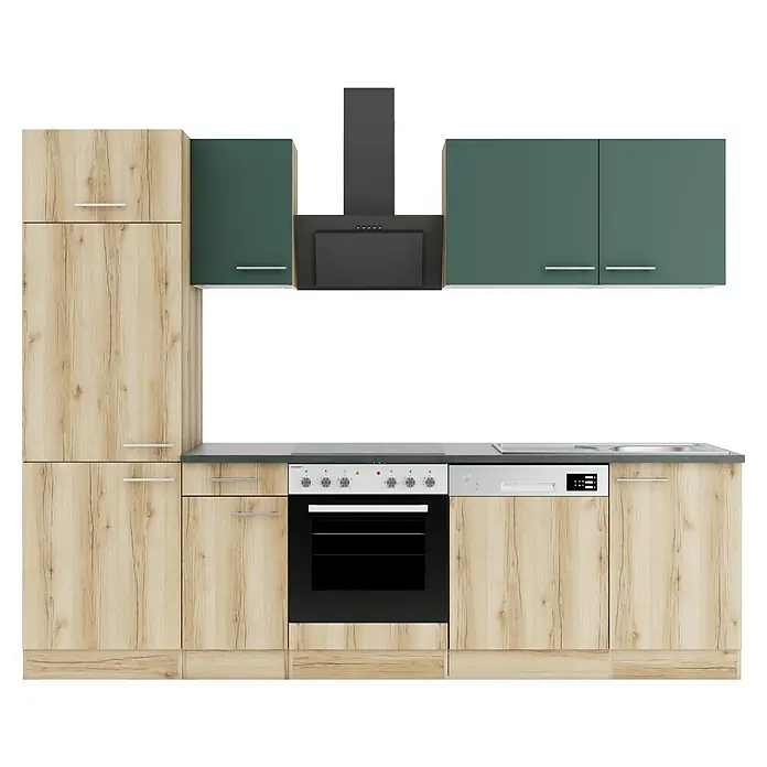 Optifit Savona405 Küchenzeile Typ 2 - Breite: 270 cm, Wildeiche Nachbildung/Steingrün, Mit Elektrogeräten - Moderne Einbauküche mit hellen Holz- und dunkelgrünen Schränken, schwarzem Backofen, Induktionskochfeld, Spüle, Geschirrspüler und Dunstabzugshaube.