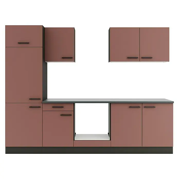 Optifit Nizza407 Küchenleerblock Typ 2 - Breite: 270 cm, Rostrot, Ohne Elektrogeräte - Moderne Küchenzeile in Altrosa mit anthrazitfarbenen Griffen und Arbeitsplatte, inklusive Gerätenische.