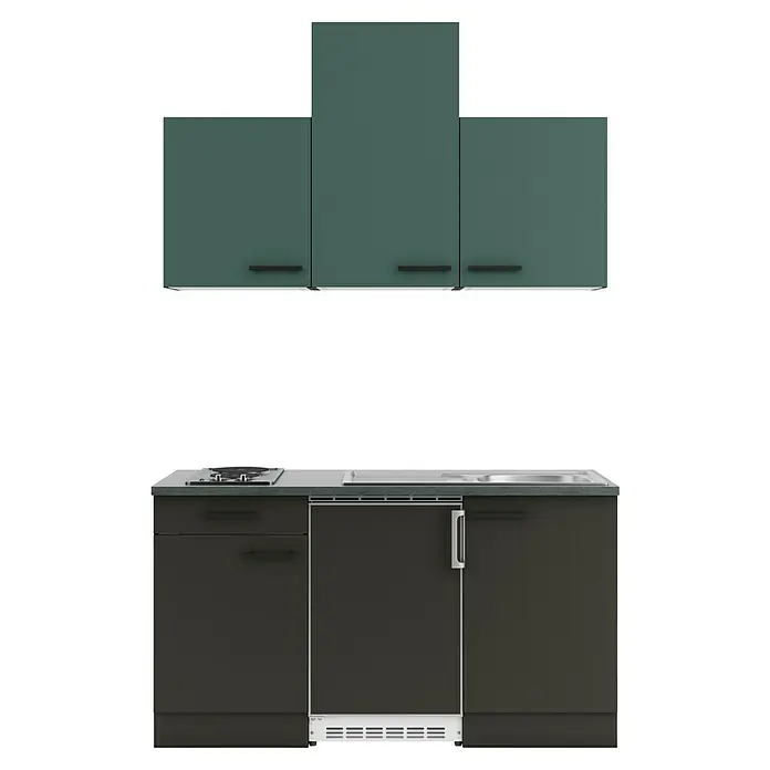 Optifit Verona405 Singleküche Typ 2 - Breite: 150 cm, Anthrazit/Steingrün, Mit Elektrogeräten - Dunkelgrau-grüne modulare Küchenzeile mit Hängeschränken, Gasherd, Spüle und integriertem Gerät.