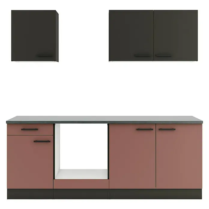 Optifit Madrid420 Küchenleerblock Typ 3 - Breite: 210 cm, Rostrot/Anthrazit, Ohne Elektrogeräte - Zweifarbige Küchenschränke: dunkelgraue Hängeschränke und rötlich-braune Unterschränke mit dunkler Arbeitsplatte, offenem Fach für ein Gerät, Schubladen und Türen.