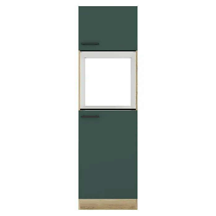 Optifit Savona405 Geräteumbauschrank - 60 x 60 x 206,8 cm, Steingrün, Mit 2 Türen für Backofen und Kühlschrank - Dunkelgrüner Küchenschrank mit offenem Fach in heller Holzoptik und schwarzen Griffen.