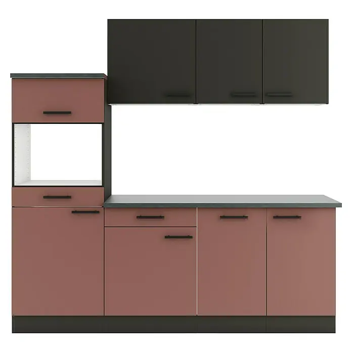 Optifit Madrid420 Küchenleerblock Typ 2 - Breite: 210 cm, Rostrot/Anthrazit, Ohne Elektrogeräte - Moderne Küchenzeile: dunkelgraue Oberschränke, altrosa Unterschränke mit offenem Fach, Arbeitsplatte und schwarzen Griffen.