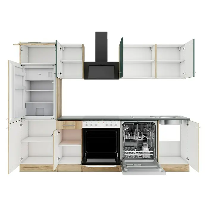 Optifit Savona405 Küchenzeile Typ 2 - Breite: 270 cm, Wildeiche Nachbildung/Steingrün, Mit Elektrogeräten - Modulare Küchenzeile mit weißen und hellen Holzschränken, schwarzer Dunstabzugshaube und Backofen, offenem Kühlschrank und Geschirrspüler.