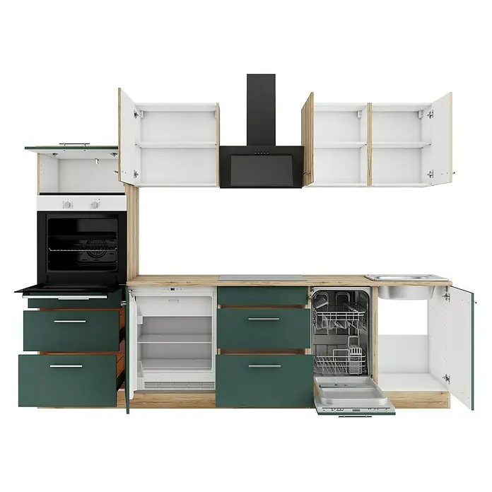 Optifit Livorno290 Küchenleerblock Typ 3 - Breite: 270 cm, Steingrün/Wildeiche Nachbildung, Ohne Elektrogeräte - Modulare Küche mit dunkelgrünen und hellen Holzschränken, schwarzem Ofen, Dunstabzug, Kühlschrank, Geschirrspüler und offenen Oberschränken.
