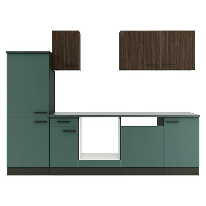 Optifit Verona405 Küchenzeile Typ 2 - Breite: 270 cm, Steingrün/Rillendekor Nussbaum, Ohne Elektrogeräte - Moderne Küchenschränke in Petrolgrün und dunklem Holz mit grauer Arbeitsplatte.