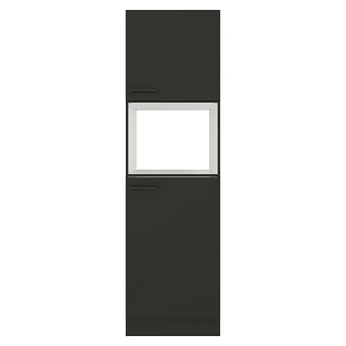 Optifit Madrid420 Geräteumbauschrank - 60 x 60 x 206,8 cm, Anthrazit Matt, Für Mikrowelle und Kühlschrank, Die Ausschnitte für Spüle und Kochfeld sind nicht vorhanden. - Anthrazitfarbener Schrank mit offener weißer Mittelablage und dunklen Griffen.