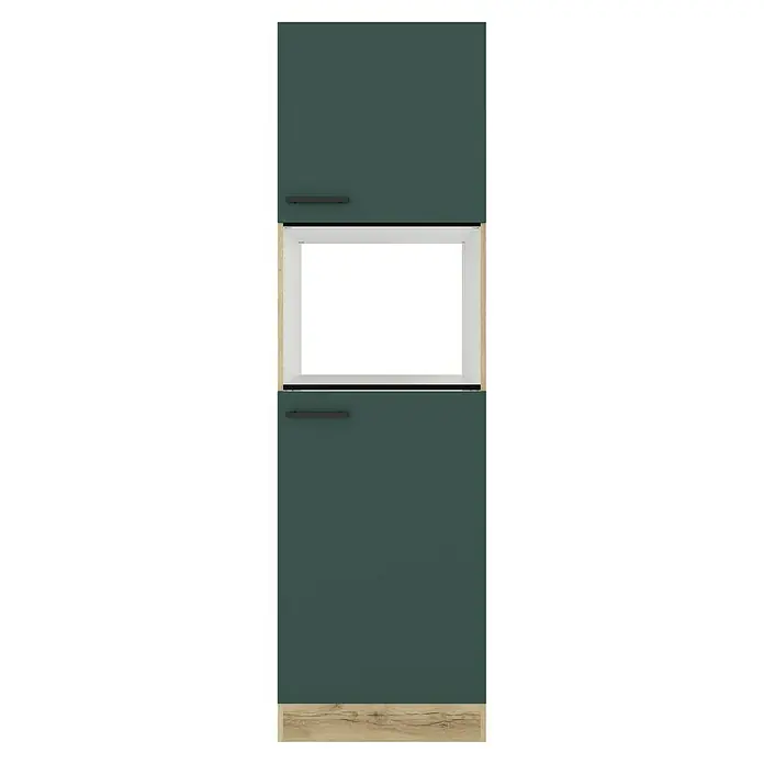 Optifit Savona405 Geräteumbauschrank - 60 x 60 x 206,8 cm, Steingrün, Mit 2 Türen für Mikrowelle und Kühlschrank - Dunkelgrüner Schrank mit zwei Türen, offenem Fach und hellen Holzdetails.
