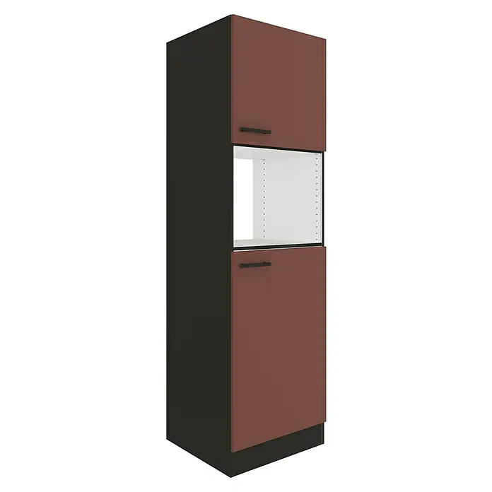 Optifit Nizza407 Geräteumbauschrank - 60 x 60 x 206,8 cm, Rostrot, Mit 2 Türen für Mikrowelle und Kühlschrank - Hoher Küchenschrank: dunkelbraune Türen, dunkelgraue Seiten, offenes weißes Fach und zwei schwarze Griffe.