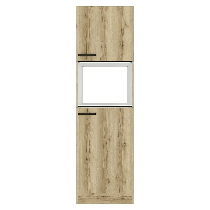Optifit Livorno290 Kühlumbauschrank - B x T x H: 60 x 60 x 206,8 cm, Wildeiche Nachbildung, Für Mikrowelle und Kühlschrank - Heller Holz Küchenschrank mit zwei Türen und offenem weißen Fach, mit schwarzen Griffen.