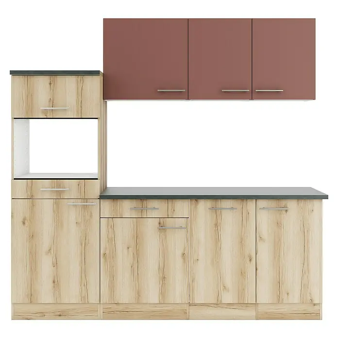 Optifit Bari407 Küchenleerblock Typ 1 - Breite: 210 cm, Rostbraun/Wildeiche Nachbildung, Ohne Elektrogeräte - Küchenzeile mit hellen Holzmaserungs-Unterschränken und braun-rosa Oberschränken, inkl. grauer Arbeitsplatte.