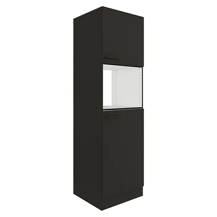 Optifit Madrid420 Geräteumbauschrank - 60 x 60 x 206,8 cm, Anthrazit Matt, Für Mikrowelle und Kühlschrank, Die Ausschnitte für Spüle und Kochfeld sind nicht vorhanden. - Hoher, dunkelgrauer Küchenschrank mit offenem Fach für Einbaugerät und zwei geschlossenen Türen mit schwarzen Griffen.