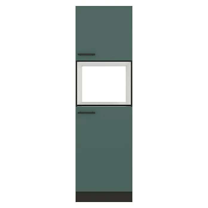 Optifit Verona405 Geräteumbauschrank - 60 x 60 x 206,8 cm, Steingrün, Mit 2 Türen für Mikrowelle und Kühlschrank - Dunkelgrüner Hochschrank mit zwei schwarzen Griffen und einem offenen weißen Fach in der Mitte.