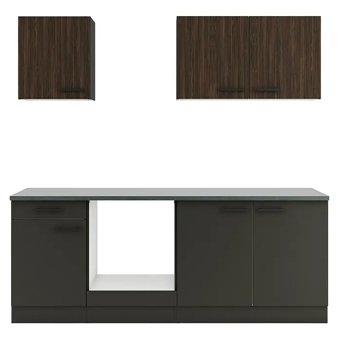 Optifit Madrid420 Singleküche Typ 2 - Breite: 210 cm, Anthrazit/Rillendekor Nussbaum, Ohne Elektrogeräte - Dunkle Hängeschränke aus Holz und dunkelgraue Unterschränke mit heller Arbeitsplatte, inklusive offener Nische.