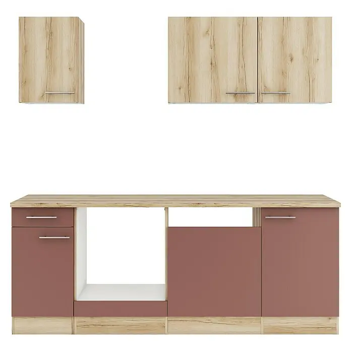 Optifit Livorno290 Küchenleerblock Typ 1 - Breite: 210 cm, Wildeiche Nachbildung/Rostbraun, Ohne Elektrogeräte - Moderne Küchenschrank-Garnitur mit hellen Holzmaserung-Oberschränken und Arbeitsplatte, sowie roséfarbenen Unterschränken mit Schubladen.