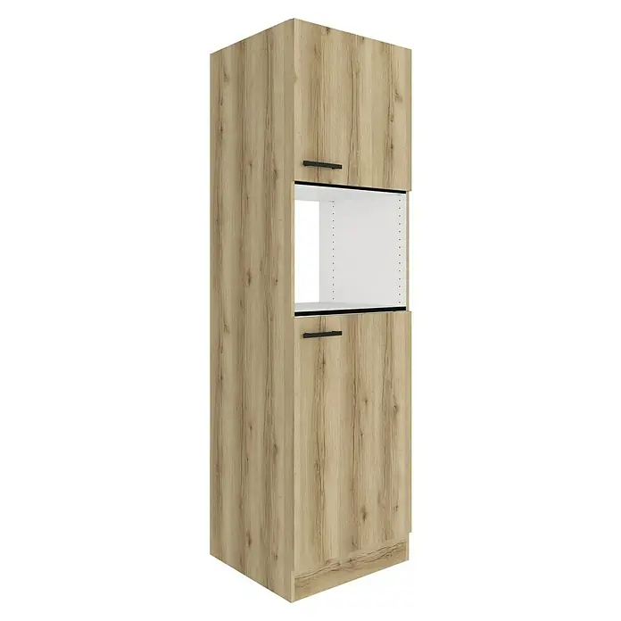 Optifit Livorno290 Kühlumbauschrank - B x T x H: 60 x 60 x 206,8 cm, Wildeiche Nachbildung, Für Mikrowelle und Kühlschrank - Hoher Schrank in heller Holzoptik mit zwei Türen und offenem Fach für ein Gerät.