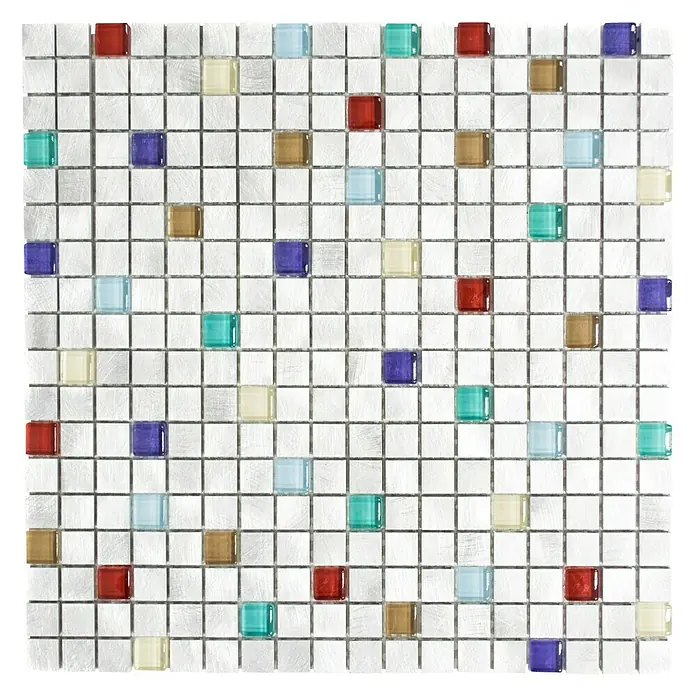 Mosaikfliese Quadrat ALF A702 - 30 x 30 cm, Silber, Matt - Mosaikfliesen mit bunten Glasakzenten. Die Fliesen haben eine strukturierte Oberfläche und sind mit bunten Akzenten versehen.