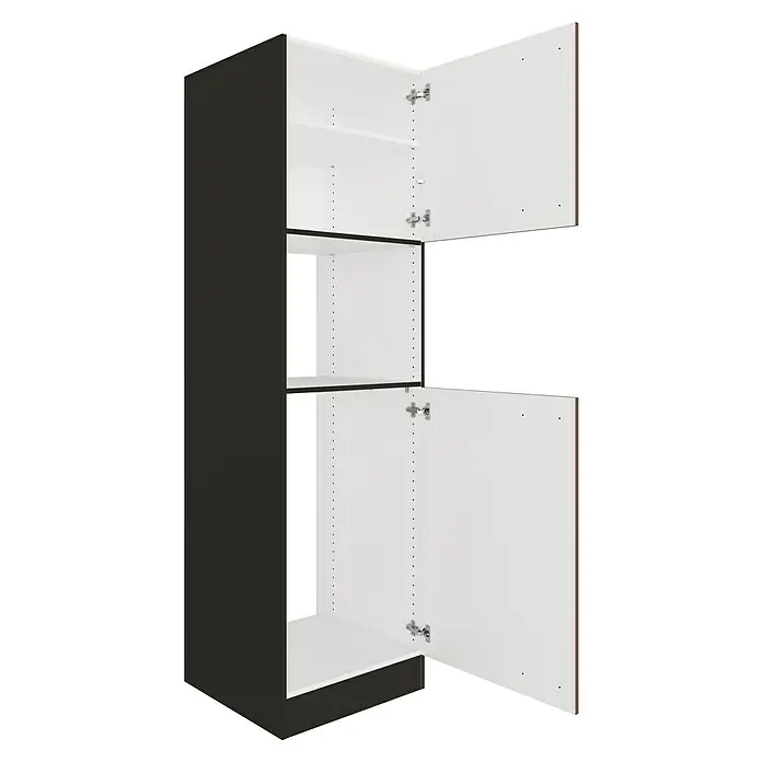 Optifit Nizza407 Geräteumbauschrank - 60 x 60 x 206,8 cm, Rostrot, Mit 2 Türen für Mikrowelle und Kühlschrank - Geöffneter Küchenschrank, dunkelgrau außen, weiß innen, mit zwei offenen Türen, Regalböden und Scharnieren.