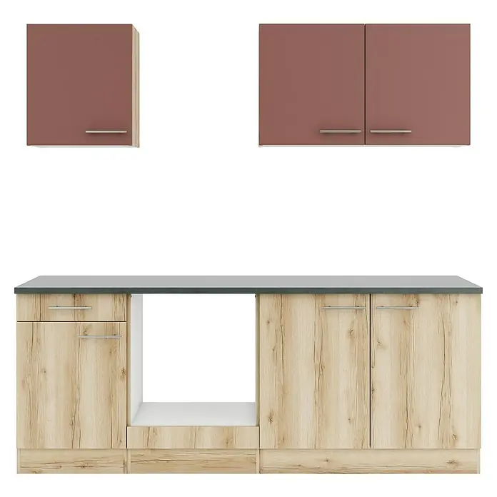Optifit Bari407 Küchenleerblock Typ 4 - Breite: 210 cm, Rostbraun/Wildeiche Nachbildung, Ohne Elektrogeräte - Küchenschrank-Set mit braunen Oberschränken und hellen Holz-Unterschränken, dunkler Arbeitsplatte und offenem Fach.