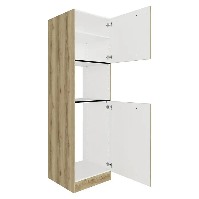 Optifit Livorno290 Kühlumbauschrank - B x T x H: 60 x 60 x 206,8 cm, Wildeiche Nachbildung, Für Mikrowelle und Kühlschrank - Hoher Schrank mit heller Holzmaserung Seitenwand und zwei offenen weißen Türen, die Einlegeböden zeigen.
