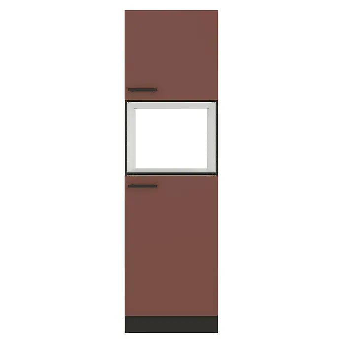 Optifit Nizza407 Geräteumbauschrank - 60 x 60 x 206,8 cm, Rostrot, Mit 2 Türen für Mikrowelle und Kühlschrank - Dunkelbrauner Küchenschrank mit zwei Türen und offener Mittelablage, schwarzen Griffen.